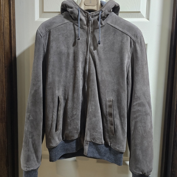 Nieman Marcus Calf Skin Zip Hoodie Bomber Jacket - Picture 1 of 10